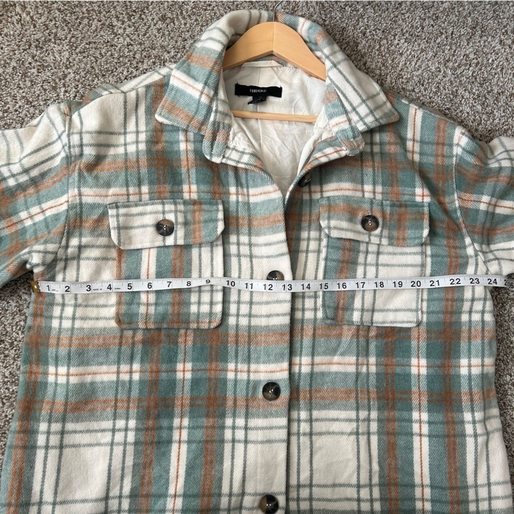 Forever 21 Cream Green Flannel Shacket Jacket Button Down Fall Comfy Oversized - Picture 6 of 6